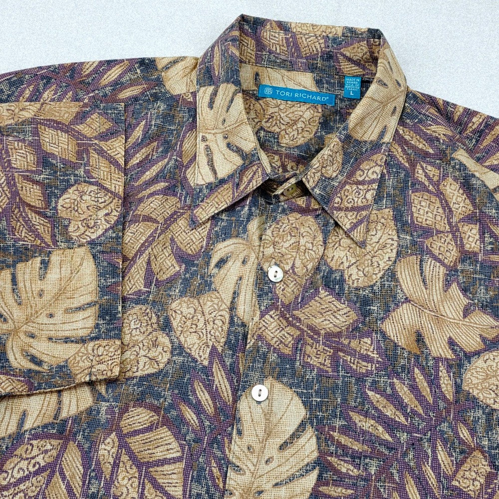 Tori Richard Shirt Mens L Tan Purple Cotton Lawn Tropical Leaf Aloha 0300 6818